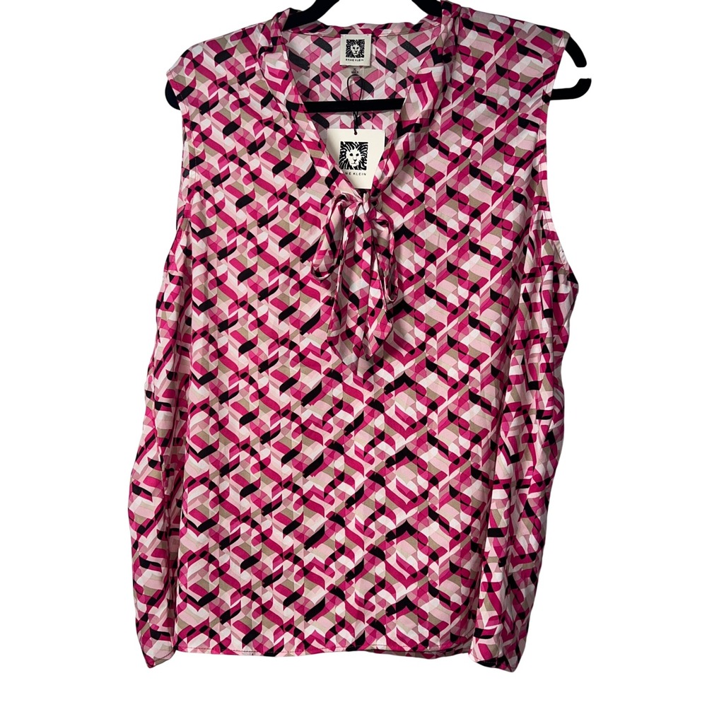 Anne Klein Sleeveless Top Womens XL Pink Geometric Tie Neck Blouse
